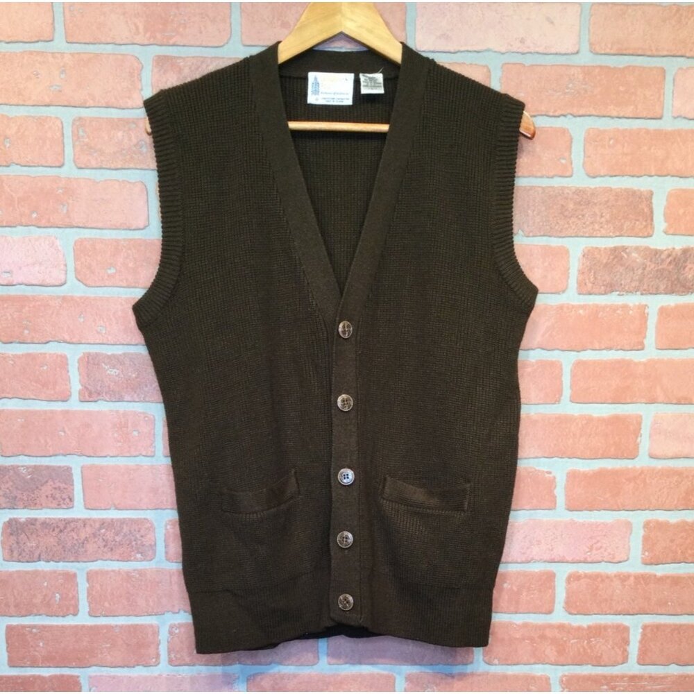 Mens Vintage Cardigan Sweater Vest Brown Knit Button Up Size L Grandpa Old Money